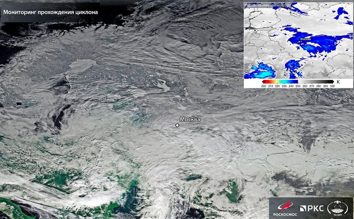 «Роскосмос» показал снимок циклона, принесшего снегопад в Москву